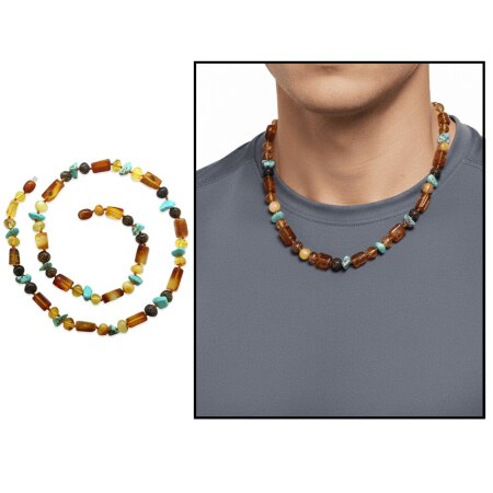 Doğal Form Çok Renkli Firuze Doğaltaş Süslemeli Doğal Damla Kehribar Erkek Kolye - Tesbihane