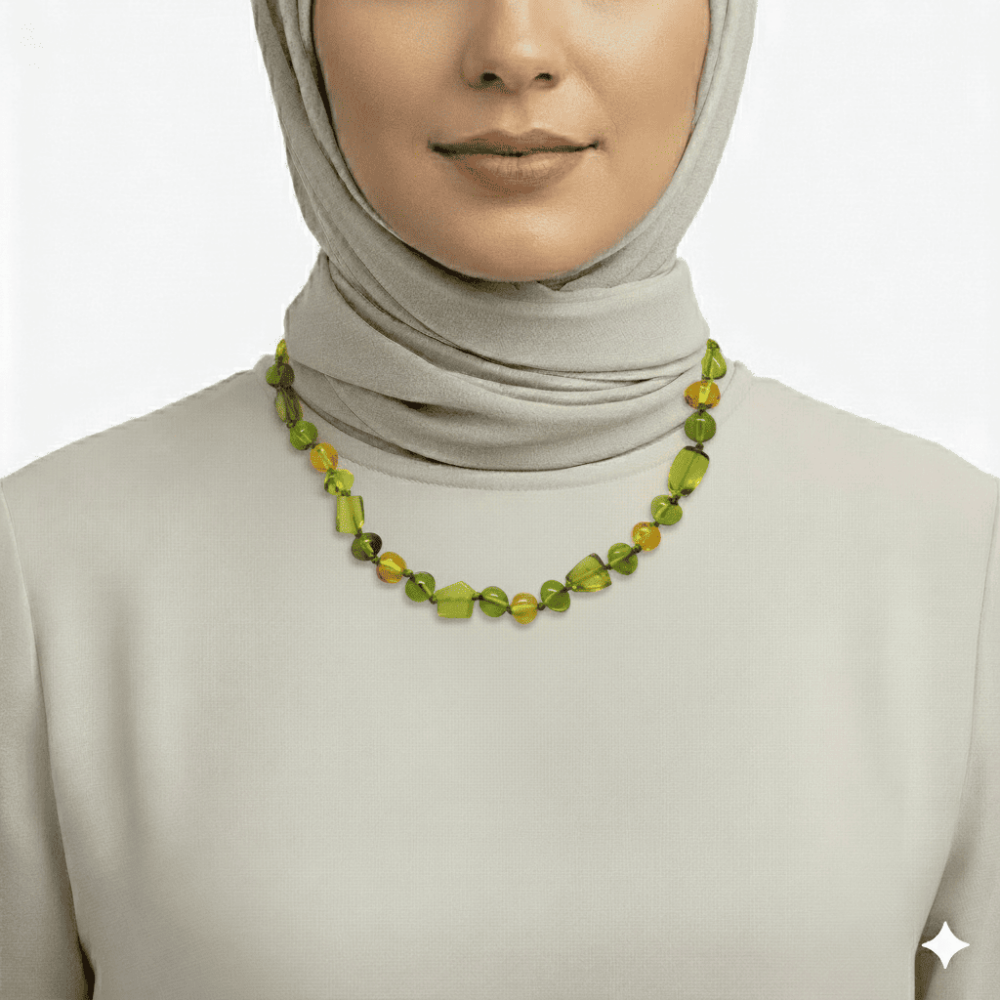 Doğal Form Sarı Yeşil Renkli Hakiki Damla Kehribar Kadın Kolye - 2