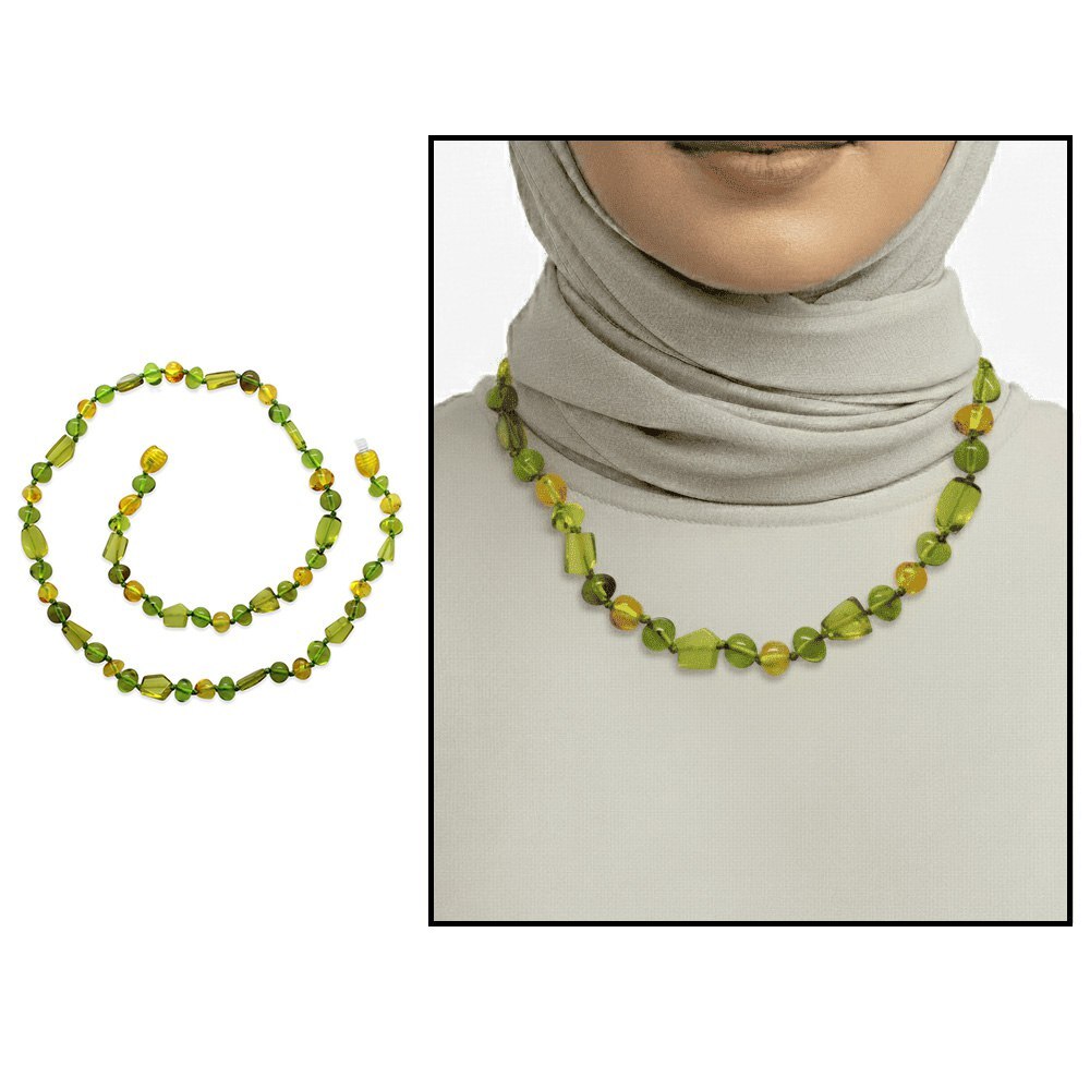 Doğal Form Sarı Yeşil Renkli Hakiki Damla Kehribar Kadın Kolye - 1