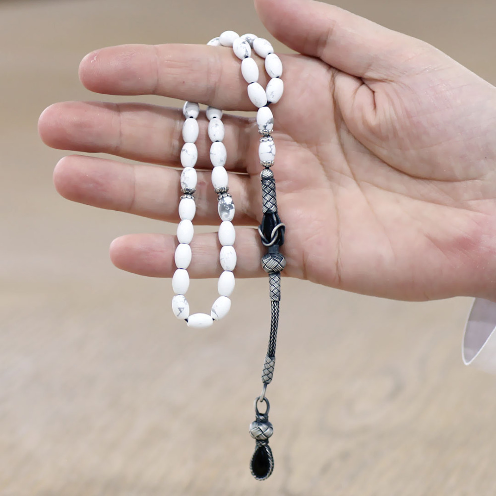 Doğaltaş Havlit Tesbih - 1000 Ayar Gümüş Kazaz Püsküllü - Gri Beyaz Renk - Arpa Kesim - 2