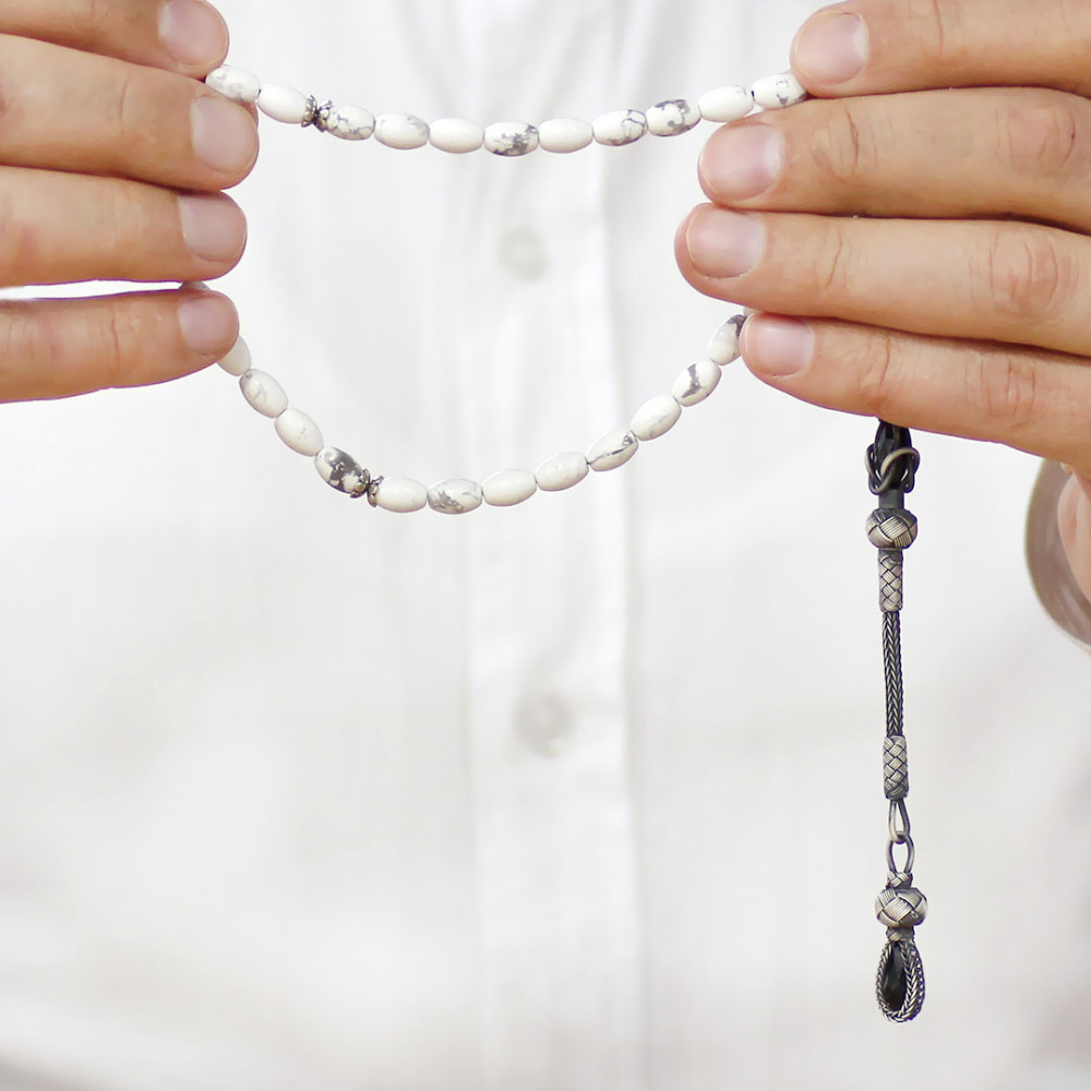 Doğaltaş Havlit Tesbih - 1000 Ayar Gümüş Kazaz Püsküllü - Gri Beyaz Renk - Arpa Kesim - 3