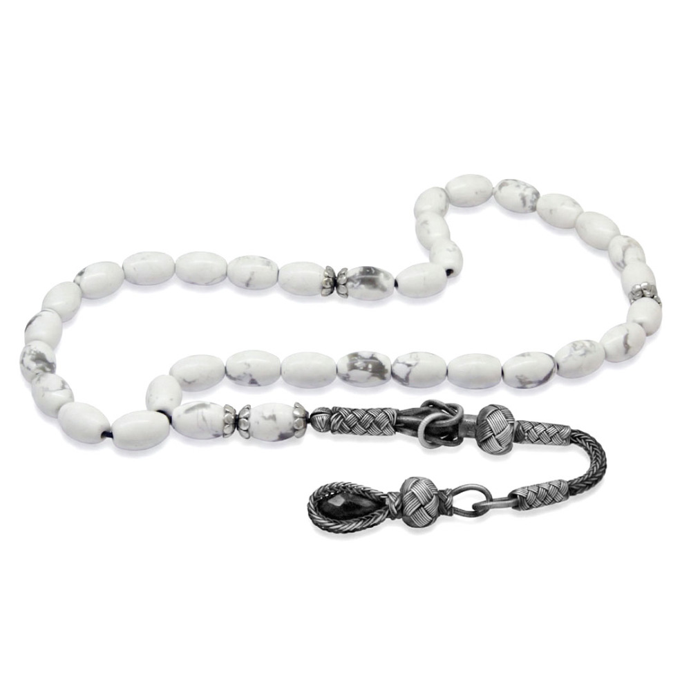 Doğaltaş Havlit Tesbih - 1000 Ayar Gümüş Kazaz Püsküllü - Gri Beyaz Renk - Arpa Kesim - 4