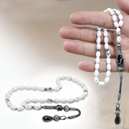 Doğaltaş Havlit Tesbih - 1000 Ayar Gümüş Kazaz Püsküllü - Gri Beyaz Renk - Arpa Kesim - Tesbihane