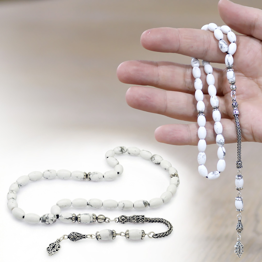 Doğaltaş Havlit Tesbih - 925 Ayar Gümüş Püsküllü - Gri Beyaz Renk - Arpa Kesim - 1