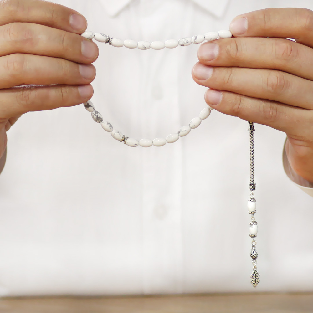 Doğaltaş Havlit Tesbih - 925 Ayar Gümüş Püsküllü - Gri Beyaz Renk - Arpa Kesim - 3