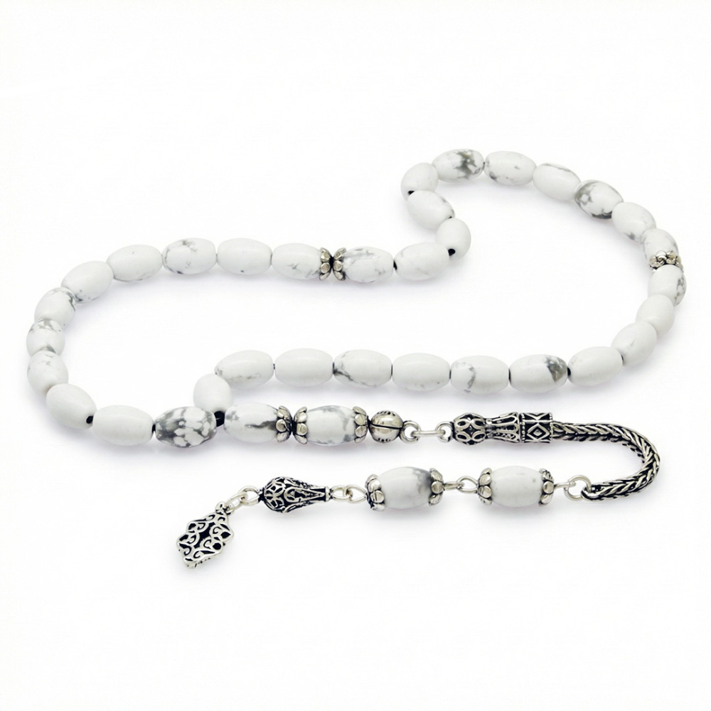 Doğaltaş Havlit Tesbih - 925 Ayar Gümüş Püsküllü - Gri Beyaz Renk - Arpa Kesim - 4