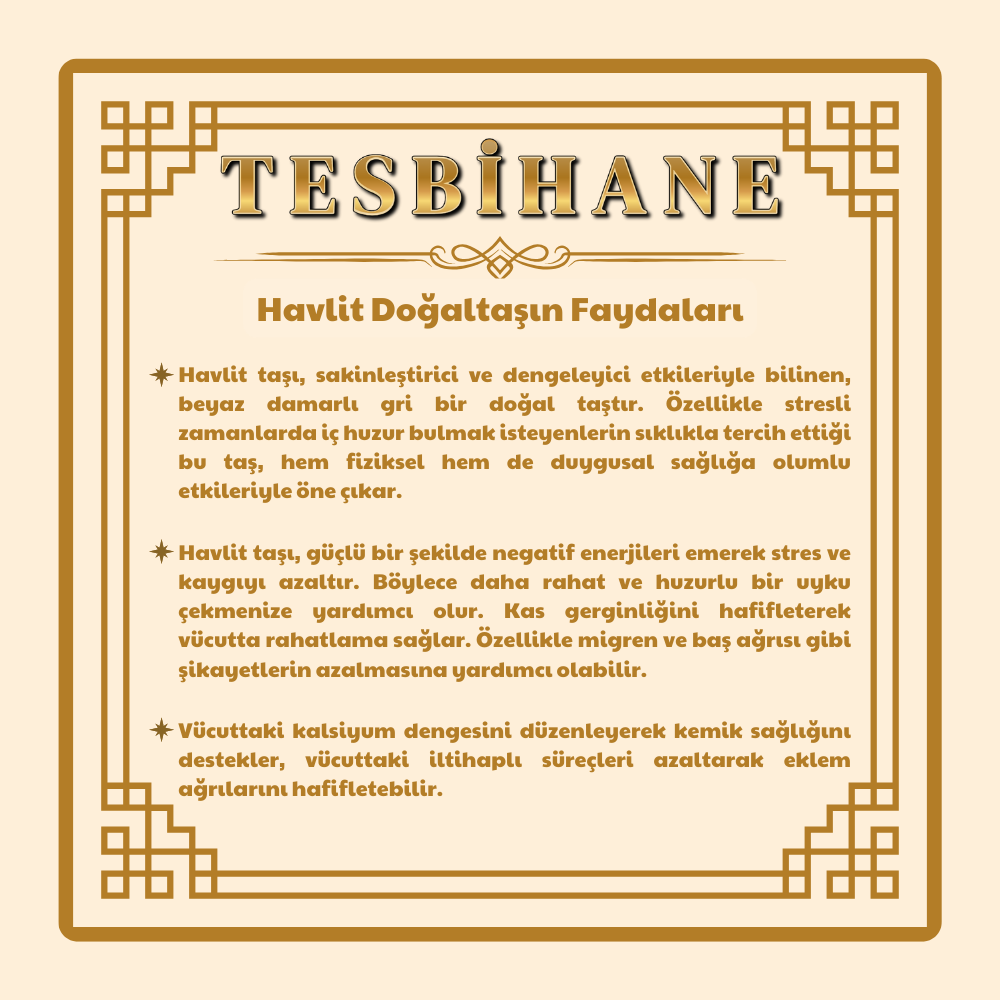 Doğaltaş Havlit Tesbih - 925 Ayar Gümüş Püsküllü - Kişiye Özel İsim Yazılı - Gri Beyaz - Arpa Kesim - 8