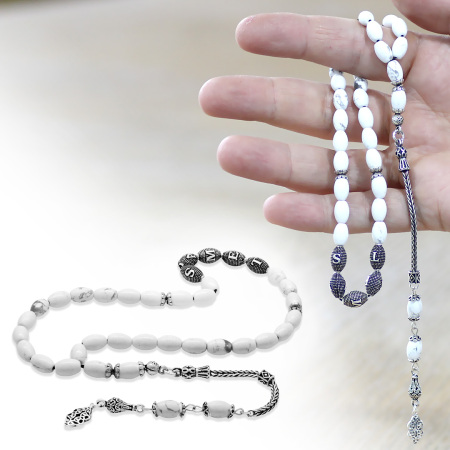 Doğaltaş Havlit Tesbih - 925 Ayar Gümüş Püsküllü - Kişiye Özel İsim Yazılı - Gri Beyaz - Arpa Kesim - Tesbihane