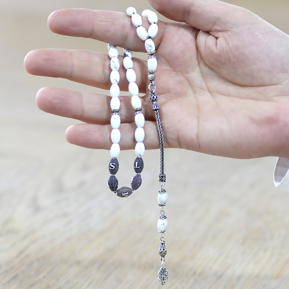 Doğaltaş Havlit Tesbih - 925 Ayar Gümüş Püsküllü - Kişiye Özel İsim Yazılı - Gri Beyaz - Arpa Kesim - 2