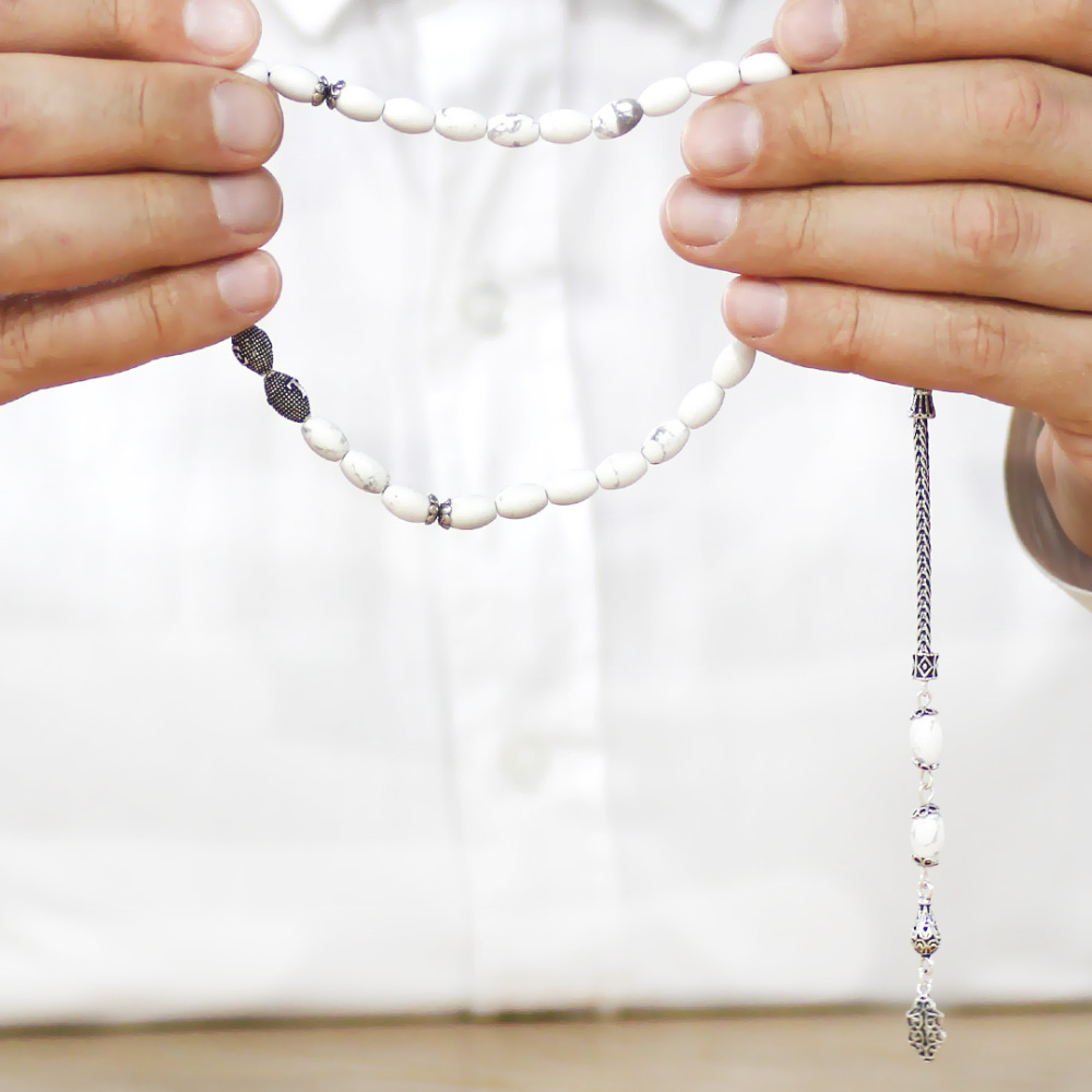 Doğaltaş Havlit Tesbih - 925 Ayar Gümüş Püsküllü - Kişiye Özel İsim Yazılı - Gri Beyaz - Arpa Kesim - 3