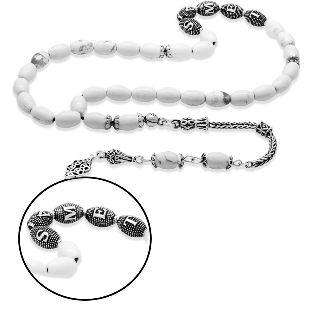 Doğaltaş Havlit Tesbih - 925 Ayar Gümüş Püsküllü - Kişiye Özel İsim Yazılı - Gri Beyaz - Arpa Kesim - 4