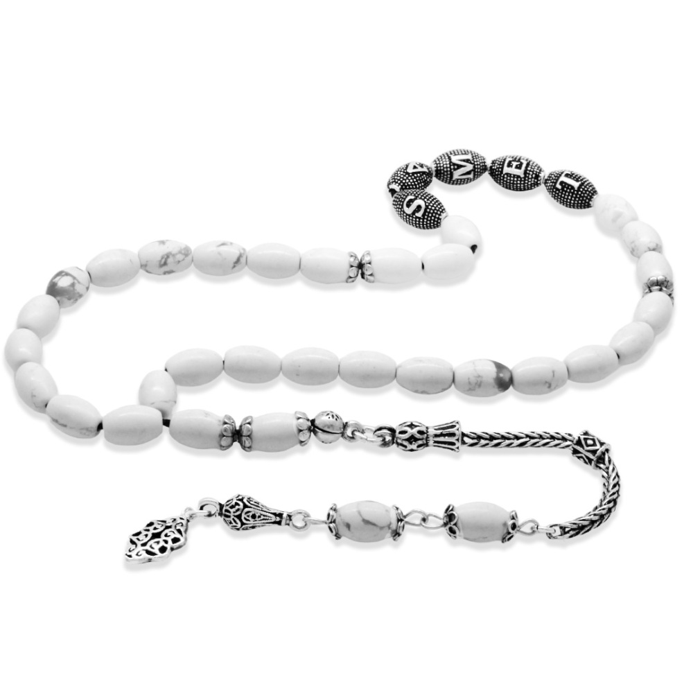 Doğaltaş Havlit Tesbih - 925 Ayar Gümüş Püsküllü - Kişiye Özel İsim Yazılı - Gri Beyaz - Arpa Kesim - 5