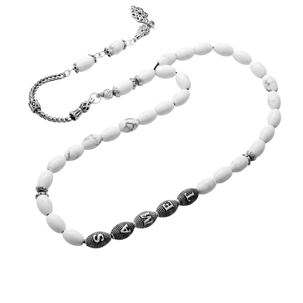 Doğaltaş Havlit Tesbih - 925 Ayar Gümüş Püsküllü - Kişiye Özel İsim Yazılı - Gri Beyaz - Arpa Kesim - 6