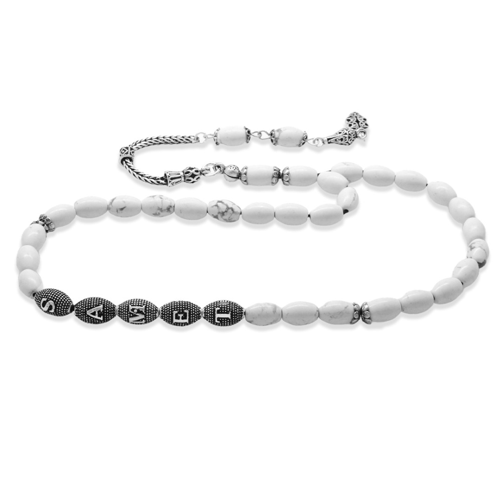 Doğaltaş Havlit Tesbih - 925 Ayar Gümüş Püsküllü - Kişiye Özel İsim Yazılı - Gri Beyaz - Arpa Kesim - 7