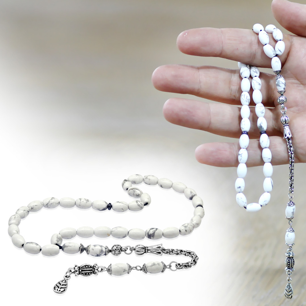 Doğaltaş Havlit Tesbih - Kararmaz Metal Arnavut Zincir Püsküllü - Gri Beyaz Renk - Arpa Kesim - 1