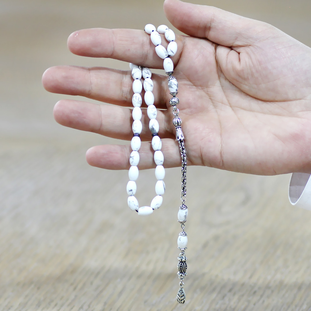 Doğaltaş Havlit Tesbih - Kararmaz Metal Arnavut Zincir Püsküllü - Gri Beyaz Renk - Arpa Kesim - 2