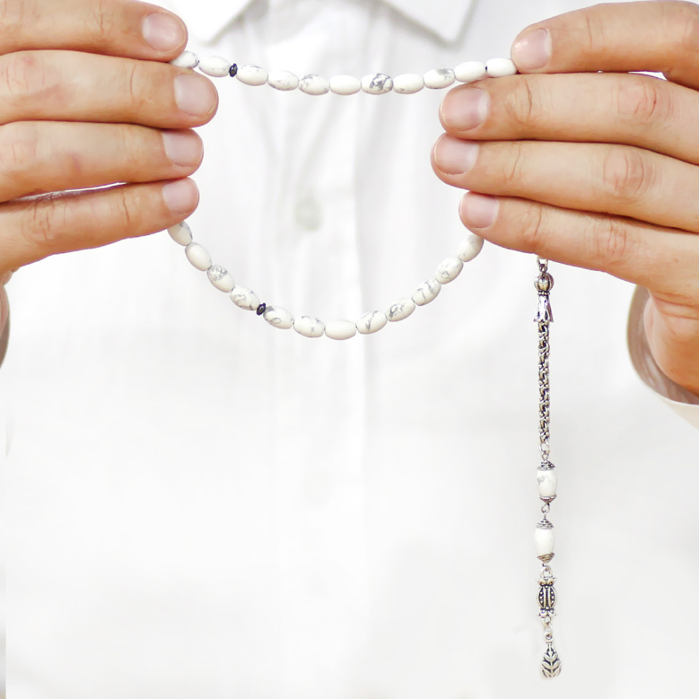 Doğaltaş Havlit Tesbih - Kararmaz Metal Arnavut Zincir Püsküllü - Gri Beyaz Renk - Arpa Kesim - 3