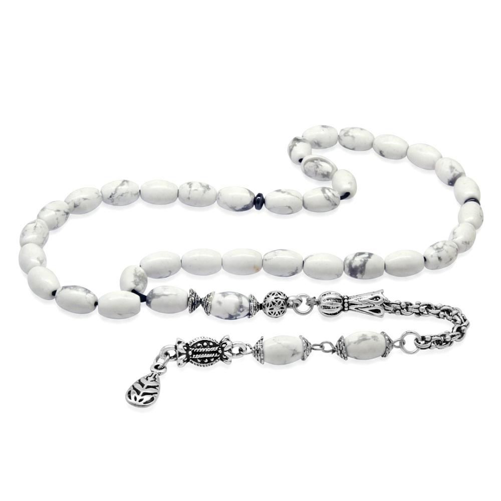 Doğaltaş Havlit Tesbih - Kararmaz Metal Arnavut Zincir Püsküllü - Gri Beyaz Renk - Arpa Kesim - 4