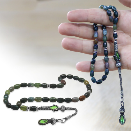 Doğaltaş Hint Akik Tesbih - 1000 Ayar Gümüş Kazaz Püsküllü - Çok Renkli - Arpa Kesim - Tesbihane