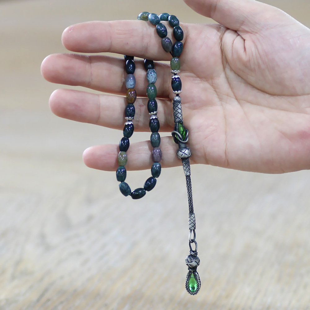 Doğaltaş Hint Akik Tesbih - 1000 Ayar Gümüş Kazaz Püsküllü - Çok Renkli - Arpa Kesim - 2