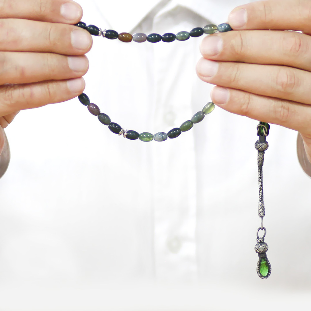 Doğaltaş Hint Akik Tesbih - 1000 Ayar Gümüş Kazaz Püsküllü - Çok Renkli - Arpa Kesim - 3