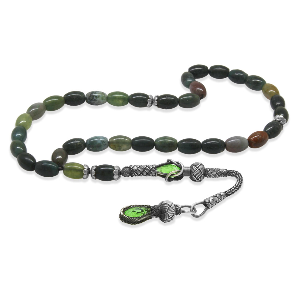 Doğaltaş Hint Akik Tesbih - 1000 Ayar Gümüş Kazaz Püsküllü - Çok Renkli - Arpa Kesim - 4