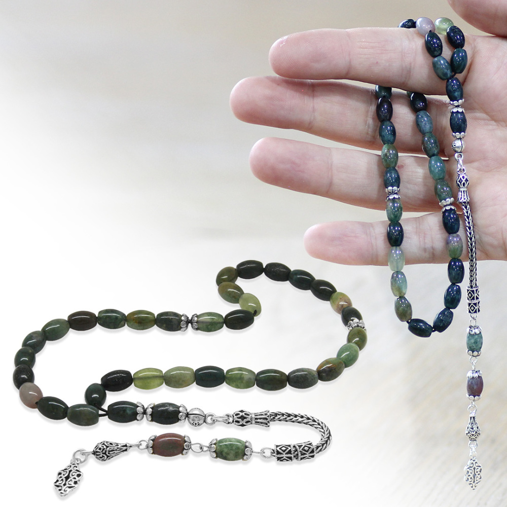 Doğaltaş Hint Akik Tesbih - 925 Ayar Gümüş Püsküllü - Çok Renkli - Arpa Kesim - 1