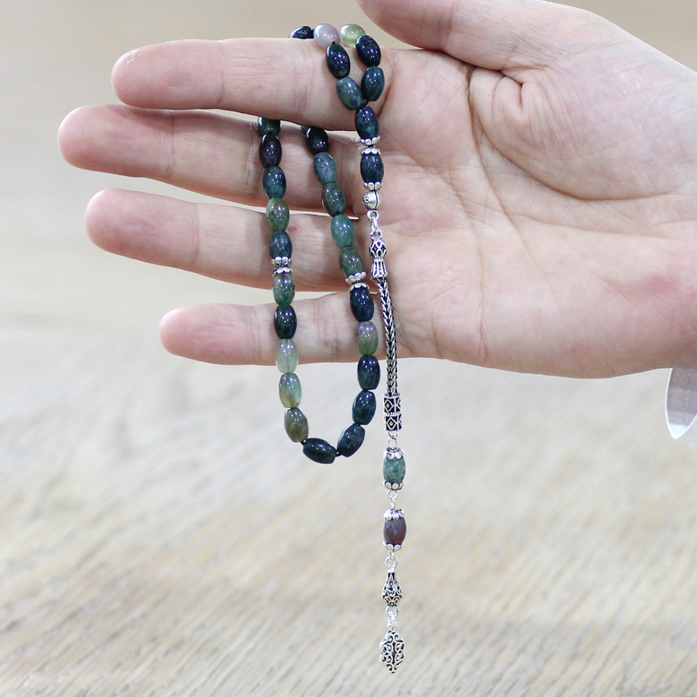 Doğaltaş Hint Akik Tesbih - 925 Ayar Gümüş Püsküllü - Çok Renkli - Arpa Kesim - 2