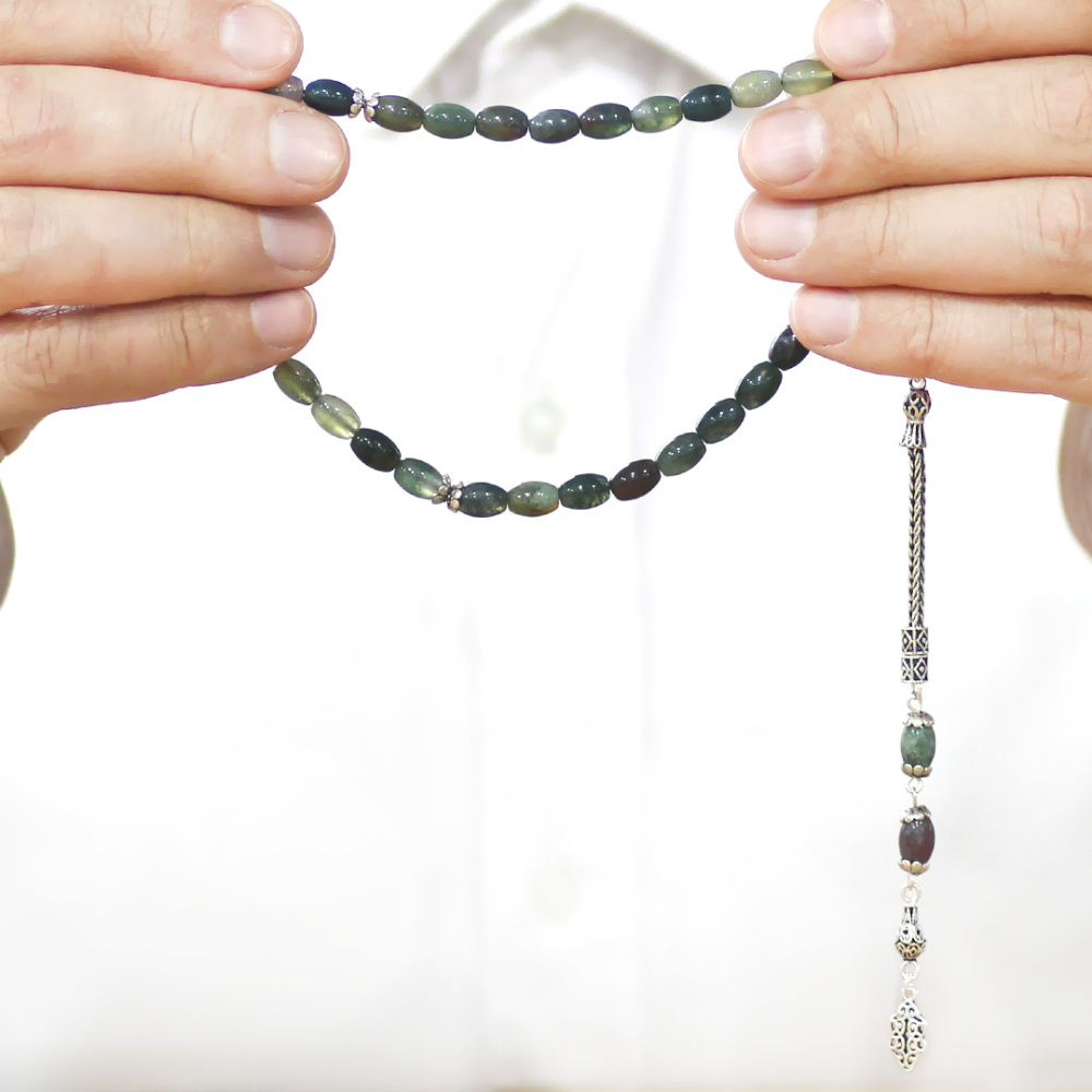 Doğaltaş Hint Akik Tesbih - 925 Ayar Gümüş Püsküllü - Çok Renkli - Arpa Kesim - 3