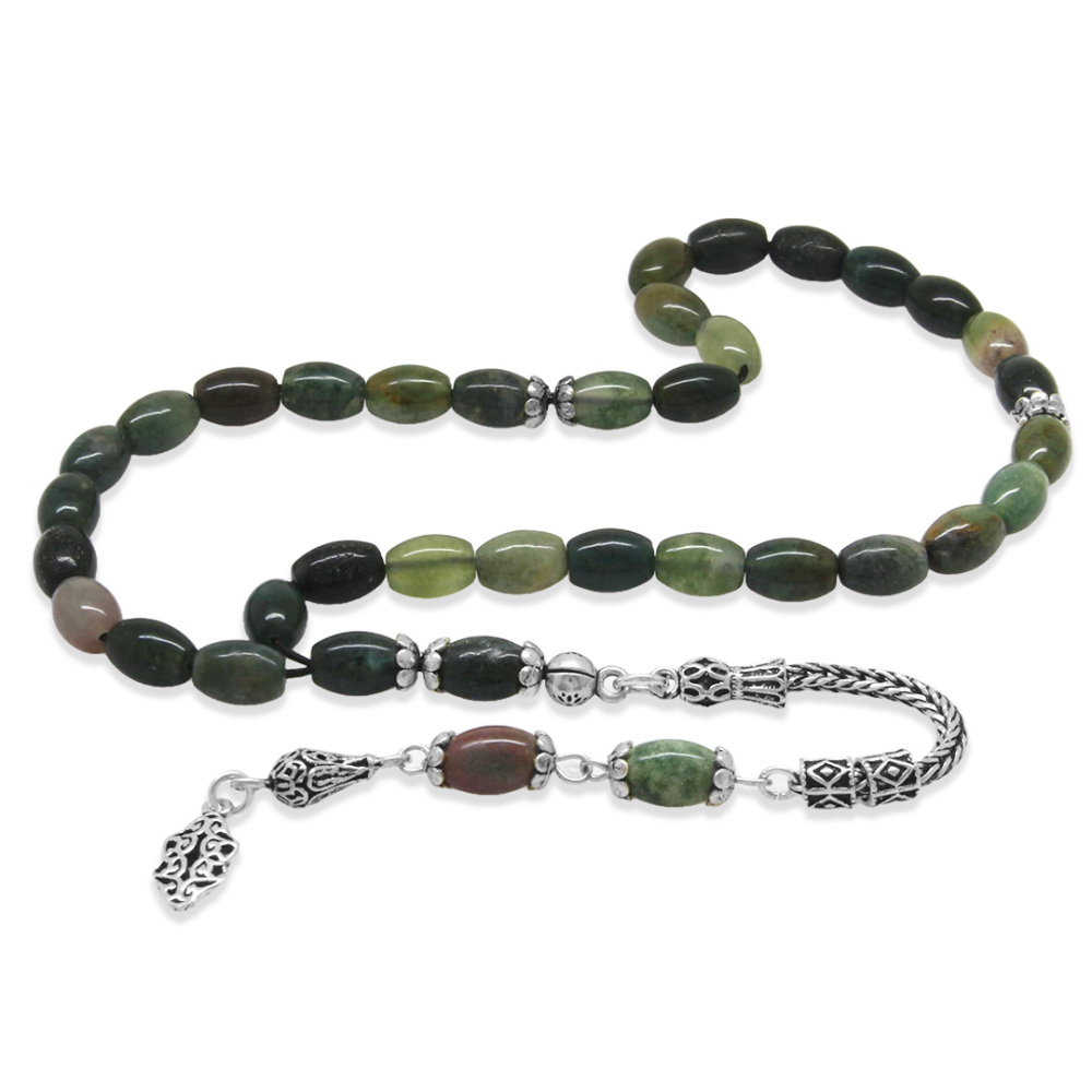 Doğaltaş Hint Akik Tesbih - 925 Ayar Gümüş Püsküllü - Çok Renkli - Arpa Kesim - 4