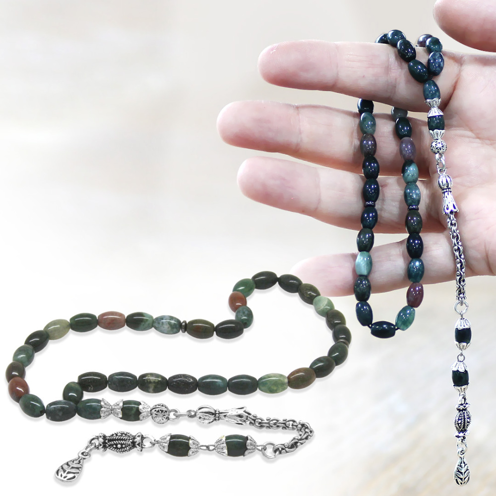 Doğaltaş Hint Akik Tesbih - Kararmaz Metal Arnavut Zincir Püsküllü - Çok Renkli - Arpa Kesim - 1