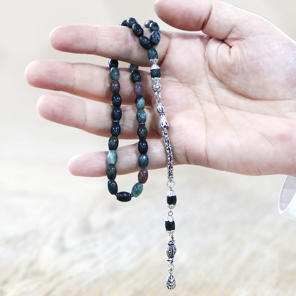 Doğaltaş Hint Akik Tesbih - Kararmaz Metal Arnavut Zincir Püsküllü - Çok Renkli - Arpa Kesim - 2