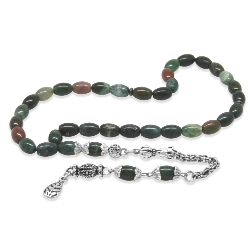 Doğaltaş Hint Akik Tesbih - Kararmaz Metal Arnavut Zincir Püsküllü - Çok Renkli - Arpa Kesim - 4