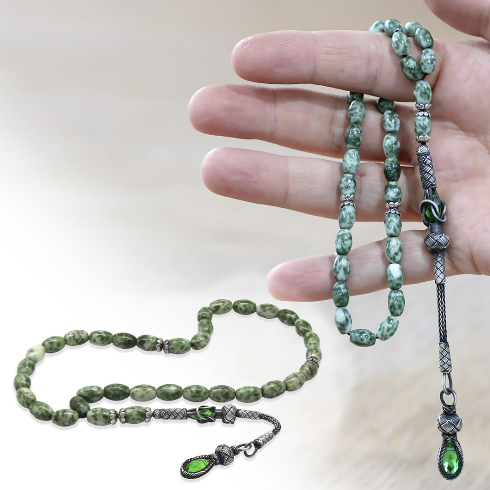 Doğaltaş Jasper Tesbih - 1000 Ayar Gümüş Kazaz Püsküllü - Çok Renkli - Arpa Kesim - 1