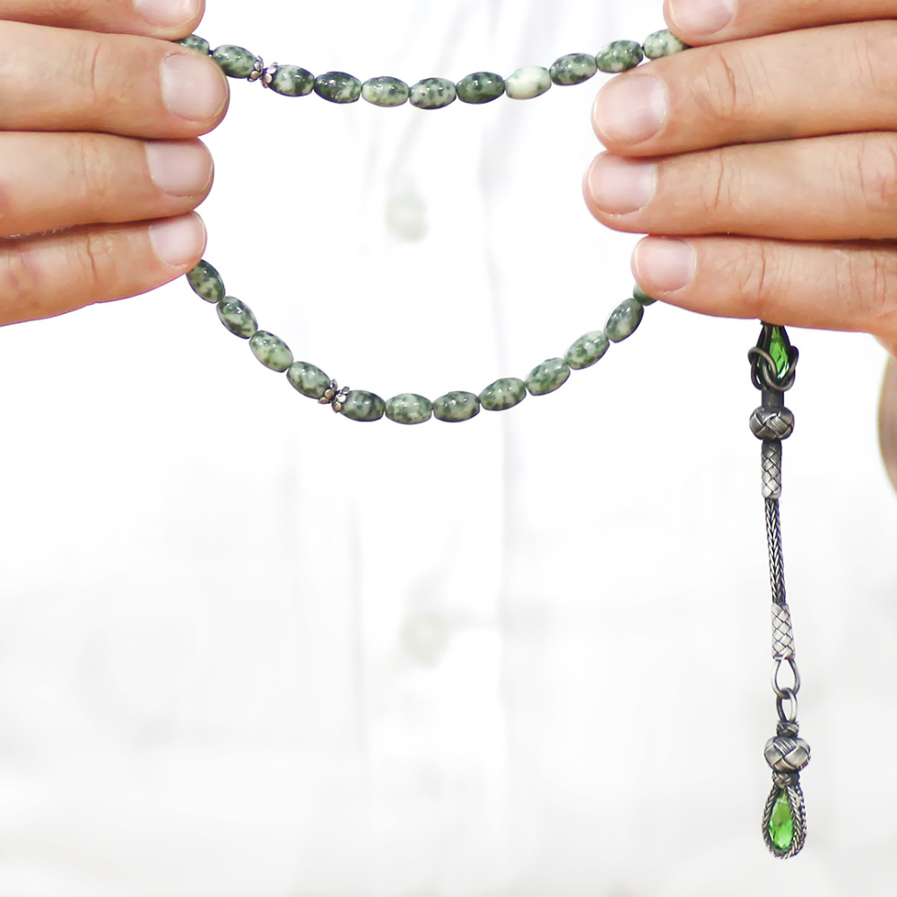 Doğaltaş Jasper Tesbih - 1000 Ayar Gümüş Kazaz Püsküllü - Çok Renkli - Arpa Kesim - 3