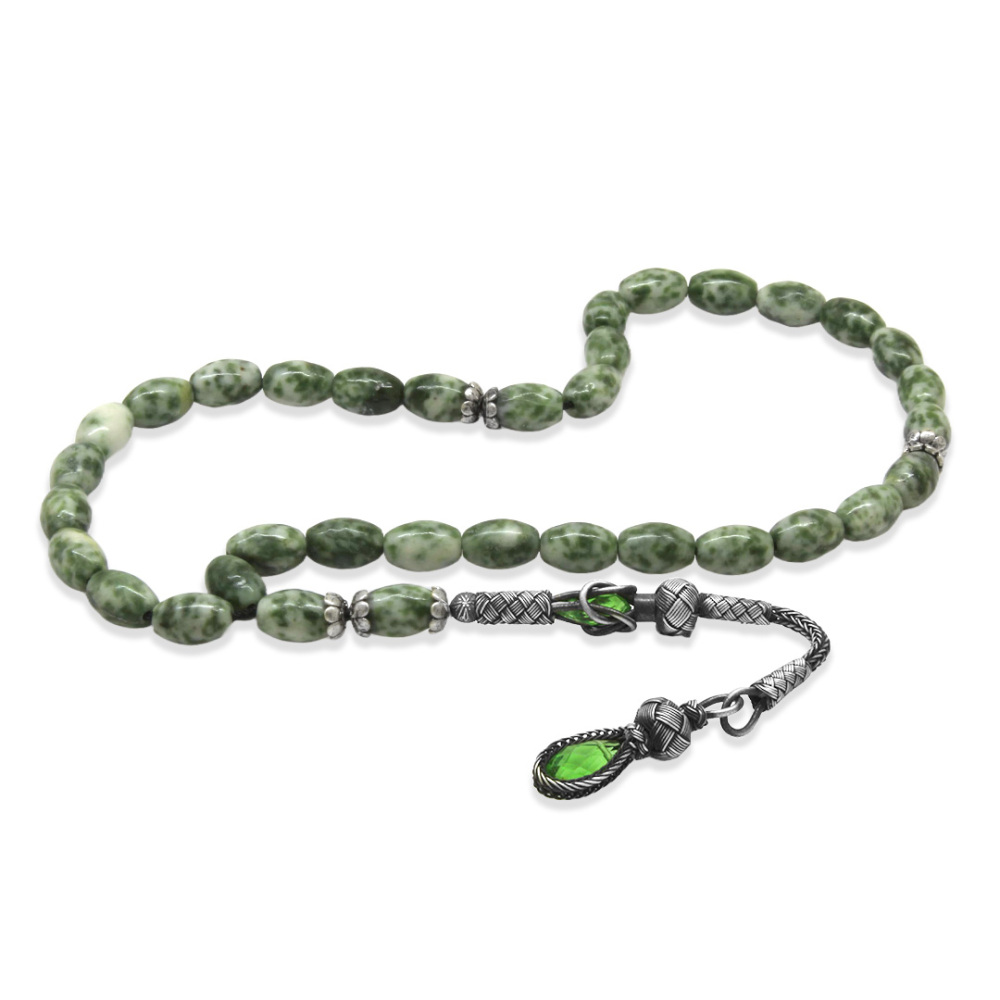 Doğaltaş Jasper Tesbih - 1000 Ayar Gümüş Kazaz Püsküllü - Çok Renkli - Arpa Kesim - 4