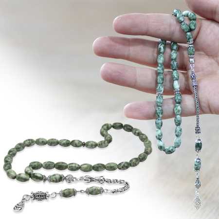 Doğaltaş Jasper Tesbih - 925 Ayar Gümüş Püsküllü - Çok Renkli - Arpa Kesim - Tesbihane