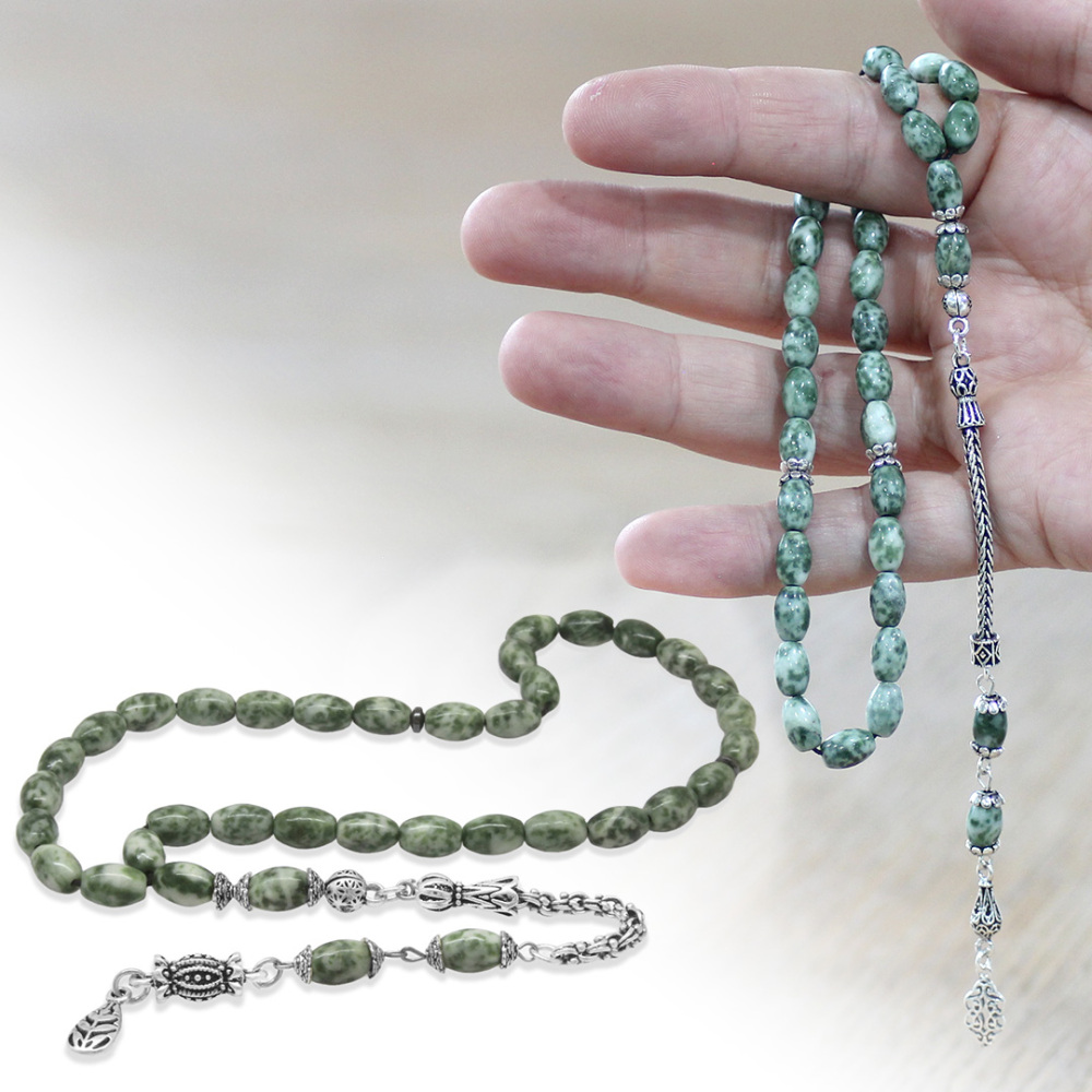 Doğaltaş Jasper Tesbih - 925 Ayar Gümüş Püsküllü - Çok Renkli - Arpa Kesim - 1