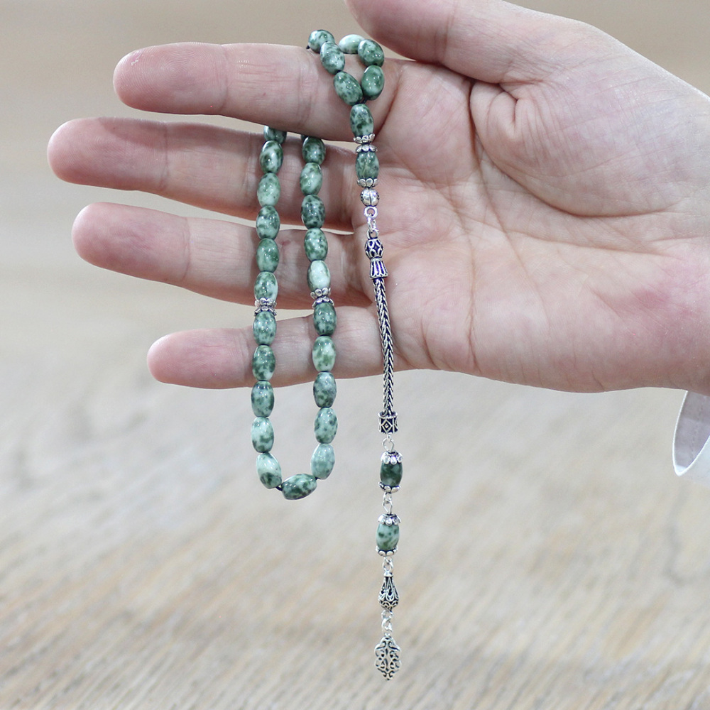 Doğaltaş Jasper Tesbih - 925 Ayar Gümüş Püsküllü - Çok Renkli - Arpa Kesim - 2