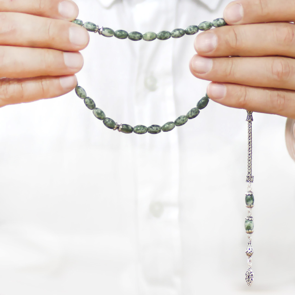 Doğaltaş Jasper Tesbih - 925 Ayar Gümüş Püsküllü - Çok Renkli - Arpa Kesim - 3