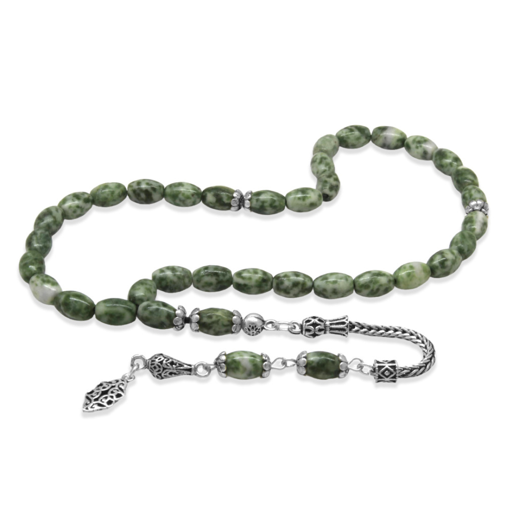 Doğaltaş Jasper Tesbih - 925 Ayar Gümüş Püsküllü - Çok Renkli - Arpa Kesim - 4