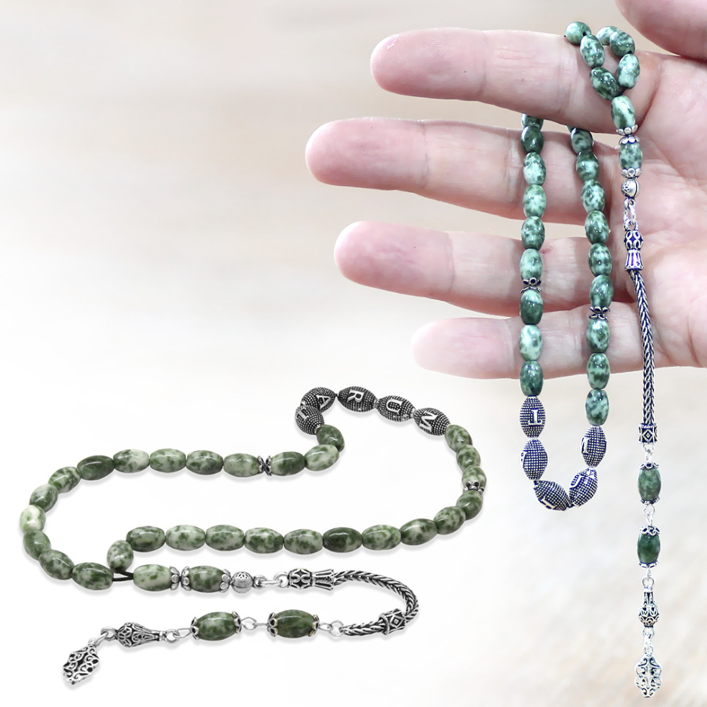 Doğaltaş Jasper Tesbih - 925 Ayar Gümüş Püsküllü - Kişiye Özel İsim Yazılı - Arpa Kesim - 1