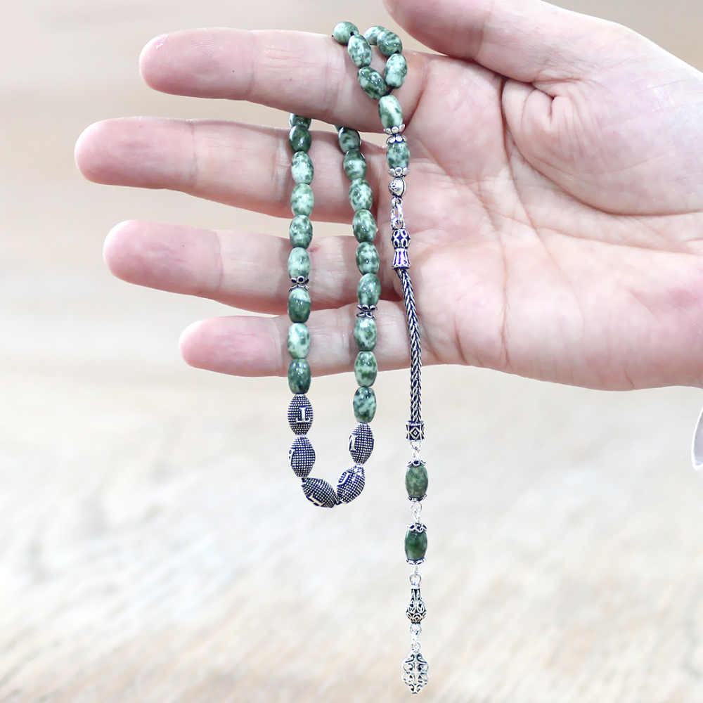 Doğaltaş Jasper Tesbih - 925 Ayar Gümüş Püsküllü - Kişiye Özel İsim Yazılı - Arpa Kesim - 2