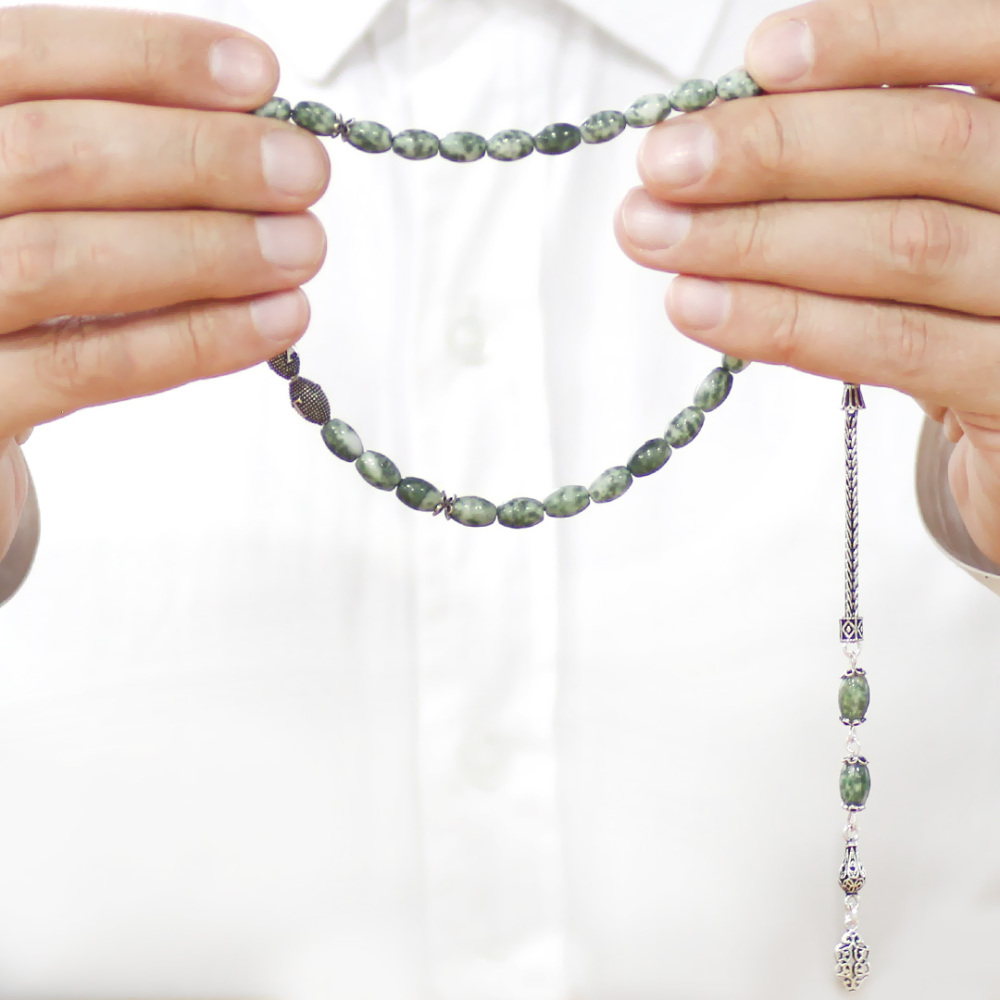 Doğaltaş Jasper Tesbih - 925 Ayar Gümüş Püsküllü - Kişiye Özel İsim Yazılı - Arpa Kesim - 3