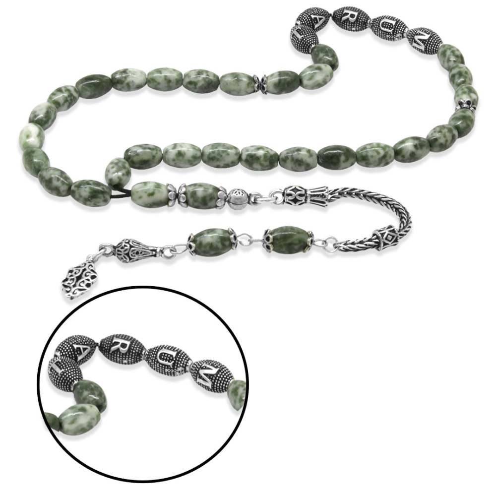 Doğaltaş Jasper Tesbih - 925 Ayar Gümüş Püsküllü - Kişiye Özel İsim Yazılı - Arpa Kesim - 4