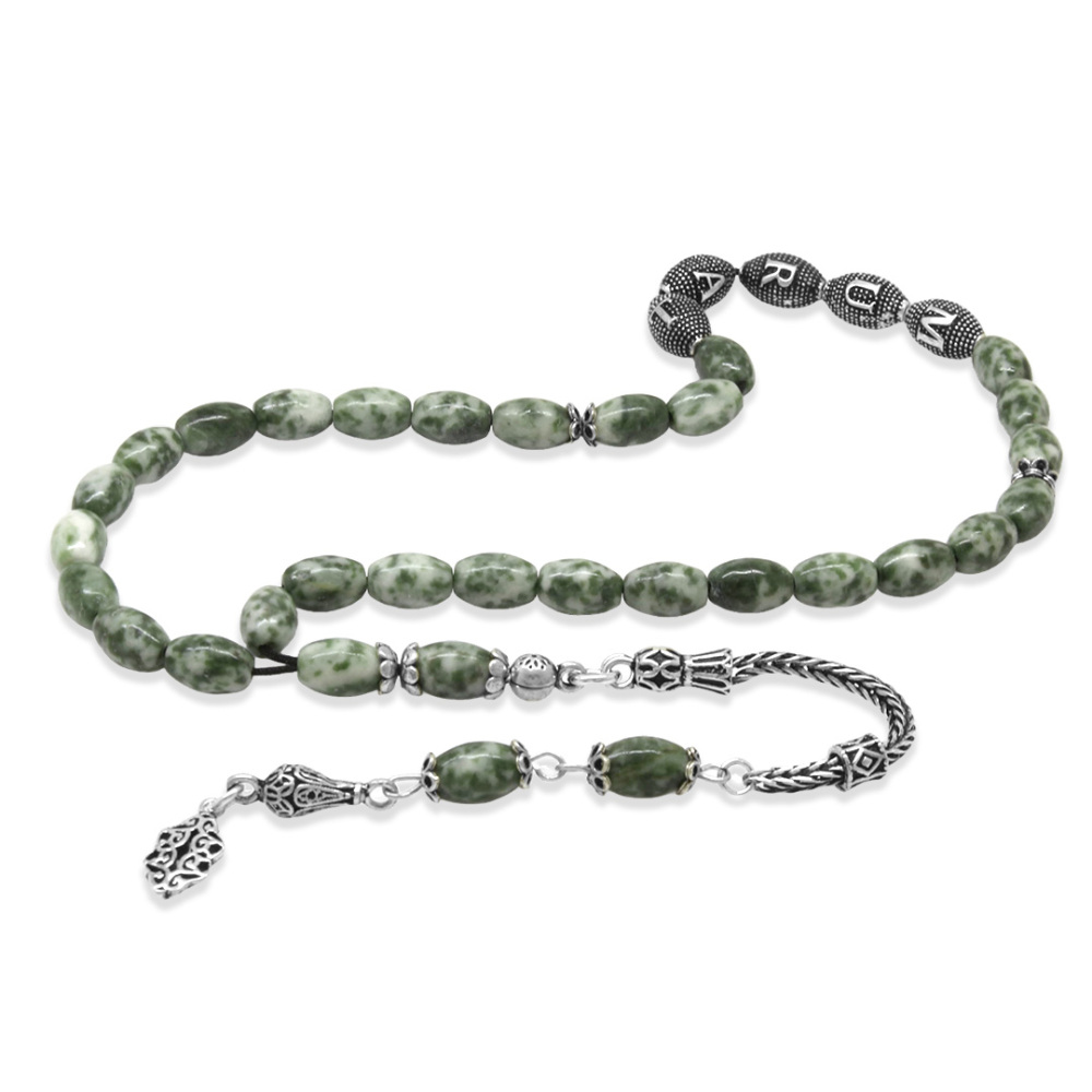Doğaltaş Jasper Tesbih - 925 Ayar Gümüş Püsküllü - Kişiye Özel İsim Yazılı - Arpa Kesim - 5