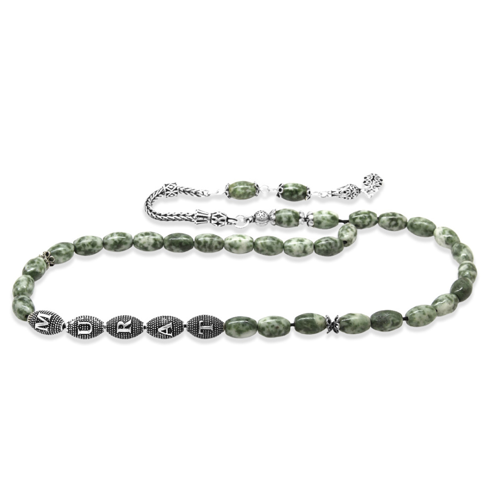 Doğaltaş Jasper Tesbih - 925 Ayar Gümüş Püsküllü - Kişiye Özel İsim Yazılı - Arpa Kesim - 6