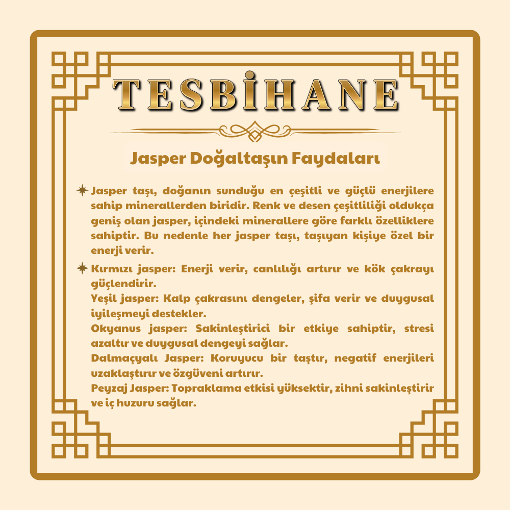 Doğaltaş Jasper Tesbih - Kararmaz Metal Arnavut Püsküllü - Kişiye Özel İsim Yazılı - Arpa Kesim - 8