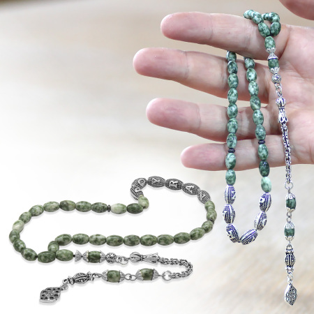 Doğaltaş Jasper Tesbih - Kararmaz Metal Arnavut Püsküllü - Kişiye Özel İsim Yazılı - Arpa Kesim - Tesbihane