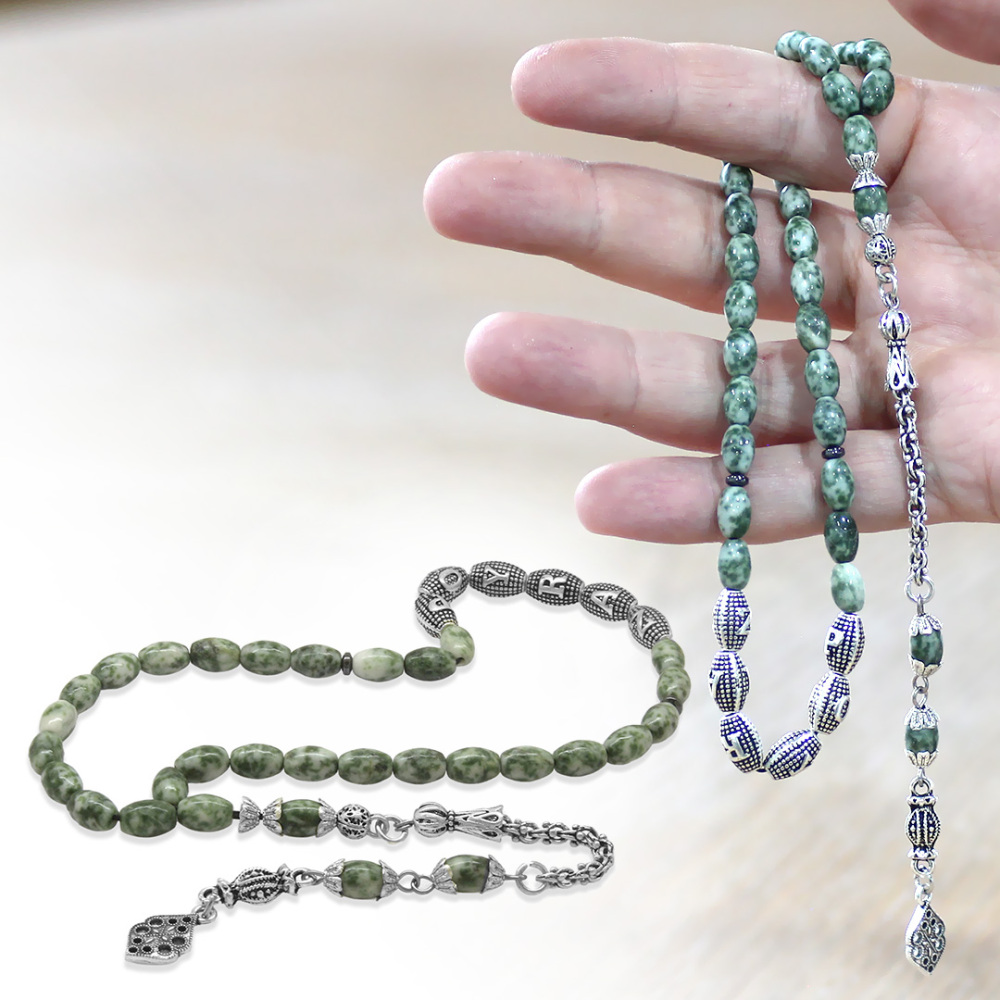 Doğaltaş Jasper Tesbih - Kararmaz Metal Arnavut Püsküllü - Kişiye Özel İsim Yazılı - Arpa Kesim - 1